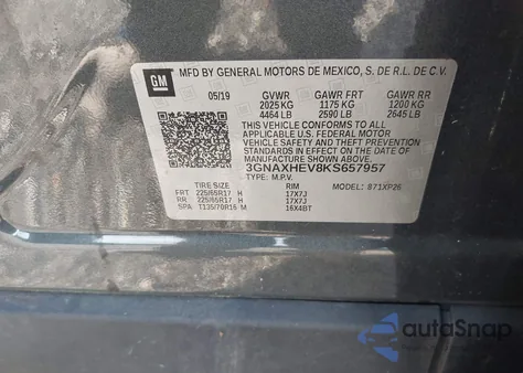 2019 Chevrolet Equinox Ls из США, поврежденный, VIN 3GNAXHEV8KS657957